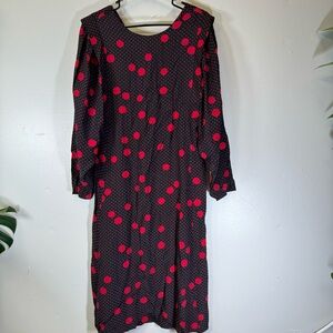 vintage 100% silk black red polkadot print long sleeve midi dress women 8 medium